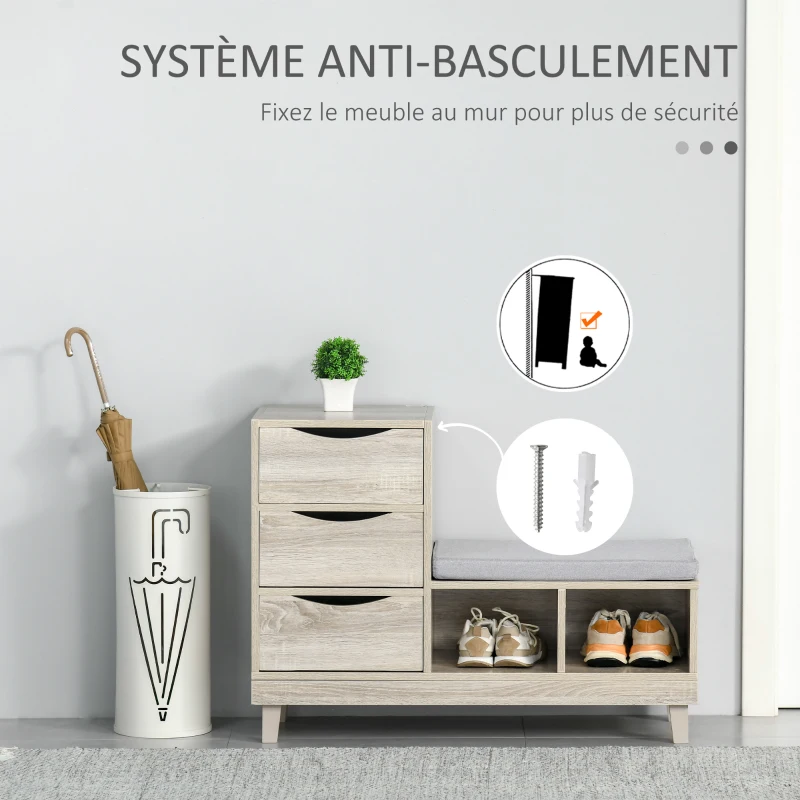 HOMCOM Meuble Chaussures Banc à Chaussures Design Urban Craft 3 tiroirs 2 niches Coussin Gris Inclus MDF Aspect chêne Clair
