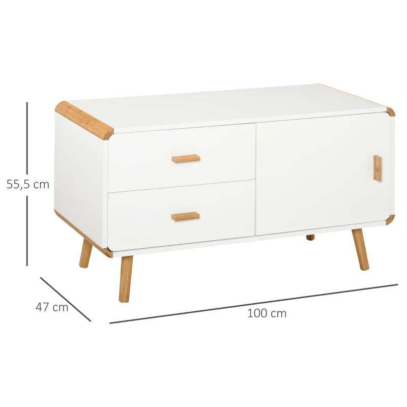 HOMCOM Meuble TV Bas sur Pieds Style scandinave 2 tiroirs et Placard MDF Blanc Bois Massif Bambou