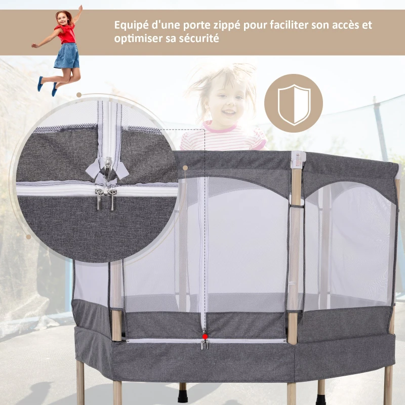 HOMCOM Trampoline Enfant dim. 126L x 109l x 98H cm Filet de sécurité Porte zipée Couvre-Ressorts Inclus Gris