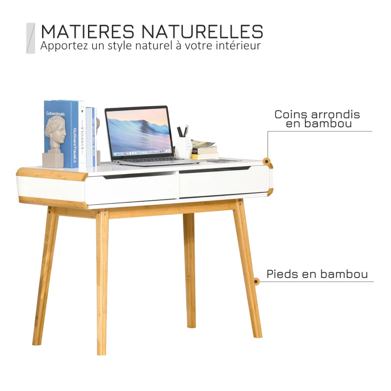 HOMCOM Bureau secrétaire Style scandinave dim. 100L x 45l x 73H cm 2 Grands tiroirs MDF Blanc Bois Massif Bambou