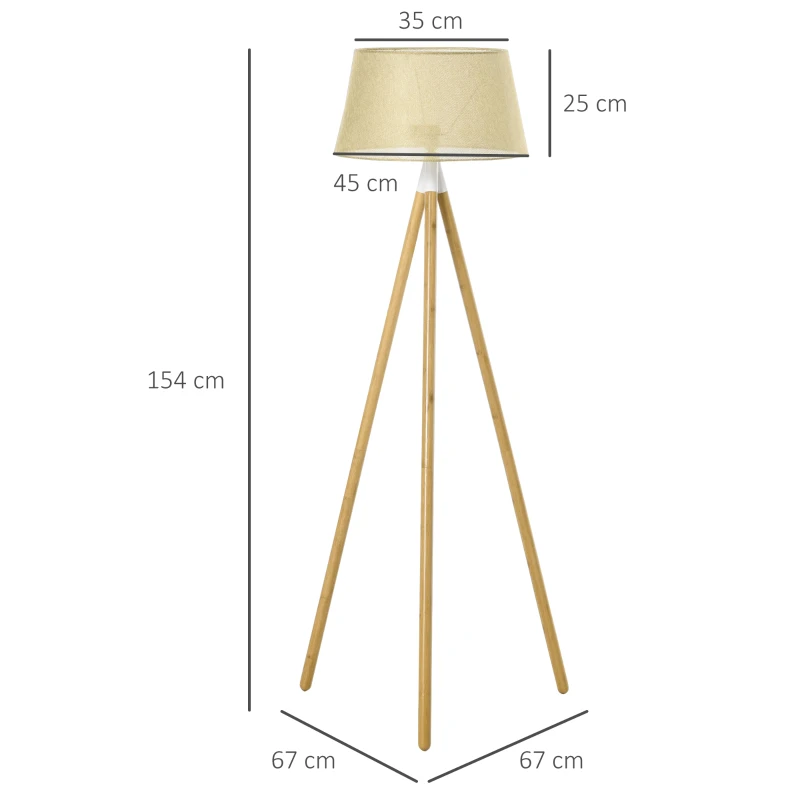HOMCOM Lampadaire sur pied lampe à pied avec trépied en bois de bambou interrupteur au pied abat-jour en lin pour chambre salon et salle d'étude 67 x 67 x 154 cm marron clair