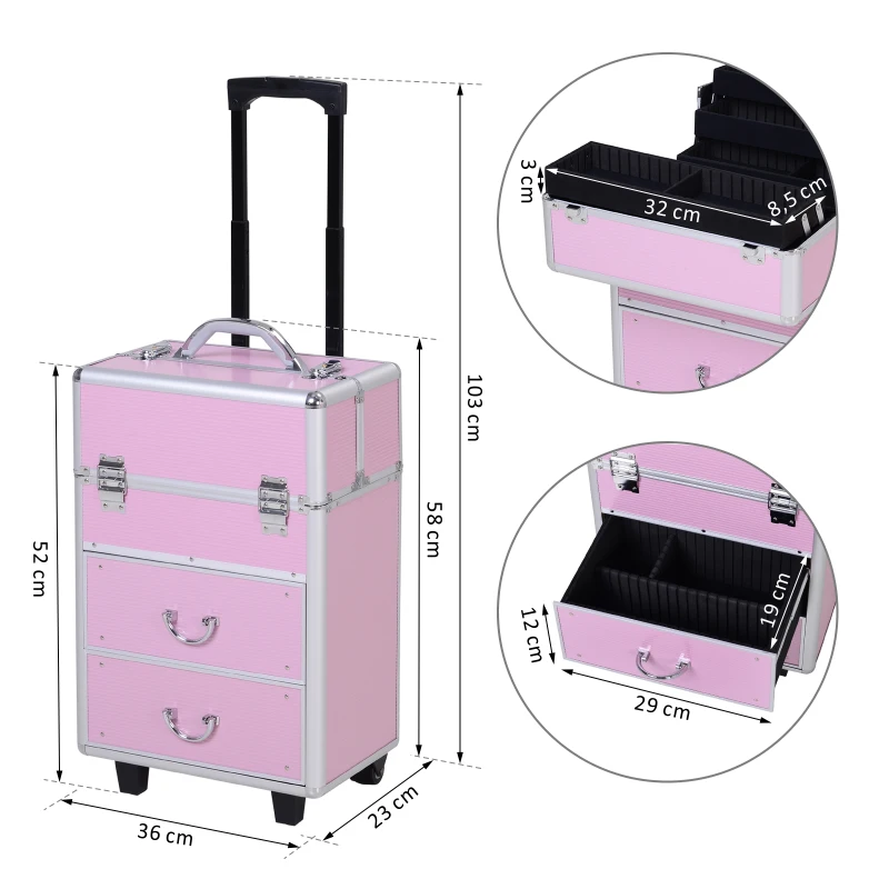 HOMCOM Valise trolley maquillage malette cosmétique vanity poignée télescopique réglable 36L x 23l x 58H cm alu rose