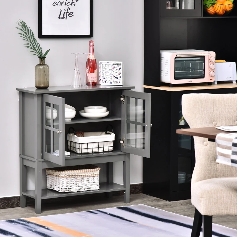 HOMCOM Buffet de cuisine Vaisselier en Vitrine Placard de  Rangement sur pied - 2 Portes en Verre, étagère - dim. 80L x 28l x 84H cm - Bois Gris