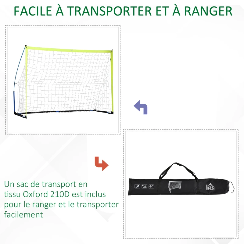 HOMCOM But de football adultes enfants cage de foot but d'entrainement avec filet PE châssis métal époxy fibre en verre piquets d'encrage sac de transport inclus 262 x 98,5 x 170 cm multicolore