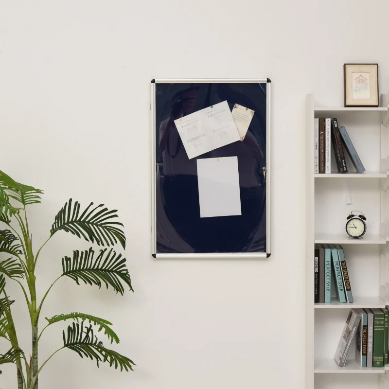 Vinsetto Vitrine d'affichage tableau d'affichage ouvert à 180 ° en alliage d'aluminium magnétique faible verrouillable 90 x 60 cm bleu et argent