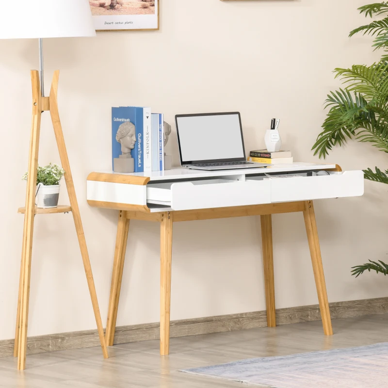 HOMCOM Bureau secrétaire Style scandinave dim. 100L x 45l x 73H cm 2 Grands tiroirs MDF Blanc Bois Massif Bambou