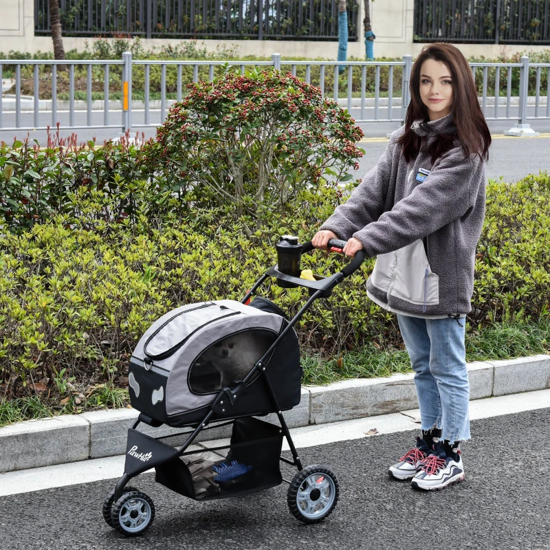 PawHut Poussette pliable chien chat chariot de voyage animaux de compagnie sac de transport à bandoulière à dos à main ou à roulettes 5 en 1 acier oxford gris noir