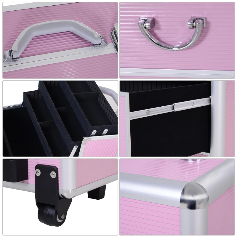 HOMCOM Valise trolley maquillage malette cosmétique vanity poignée télescopique réglable 36L x 23l x 58H cm alu rose