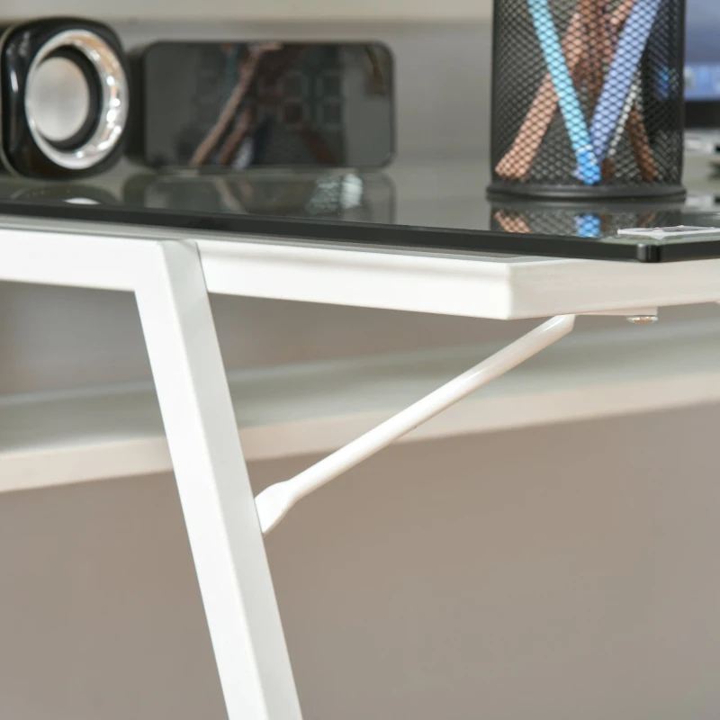 HOMCOM Bureau informatique bureau secrétaire en verre multimédia contemporain 2 étagères arrières cadre en métal blanc