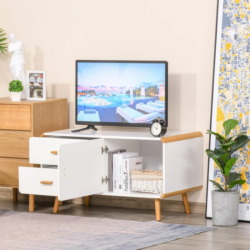HOMCOM Meuble TV Bas sur Pieds Style scandinave 2 tiroirs et Placard MDF Blanc Bois Massif Bambou