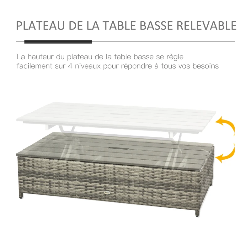 Outsunny Ensemble salon de jardin 4 places : canapé, 2 poufs et table basse relevable coussins résine tressée imitation rotin gris
