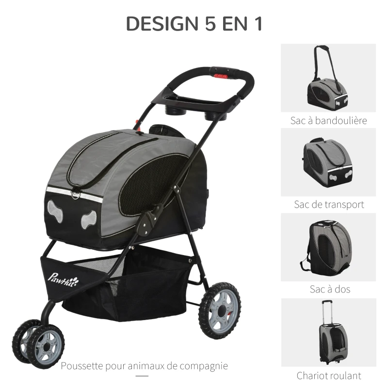 PawHut Poussette pliable chien chat chariot de voyage animaux de compagnie sac de transport à bandoulière à dos à main ou à roulettes 5 en 1 acier oxford gris noir