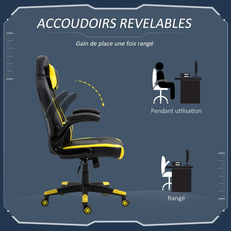 Vinsetto Fauteuil gamer chaise gaming style baquet racing fauteuil pivotant 360° basculant accoudoirs rembourrés relevables coussin lombaire tétière amovibles inclus revêtement synthétique noir jaune