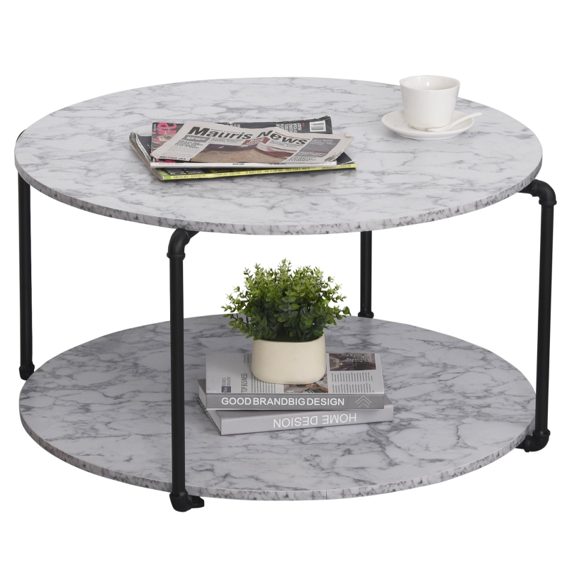 Table basse ronde avec étagère imitation marbre blanc métal noir