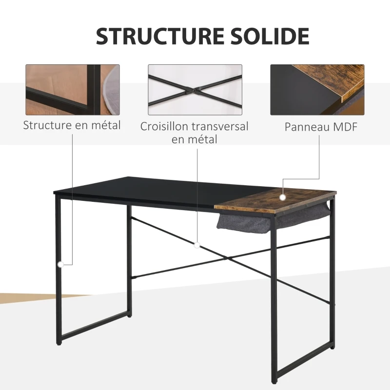 HOMCOM Bureau Design Industriel Rangement intégré châssis métal Noir Grand Plateau MDF Bicolore Noir et boisé
