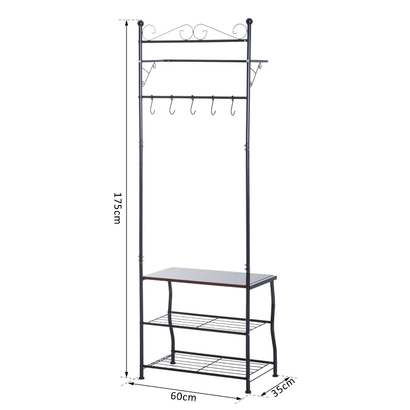 HOMCOM Portant porte-manteaux vestiaire d'entrée style néo-rétro fer forgé multi-rangements 60L x 35l x 175H cm noir