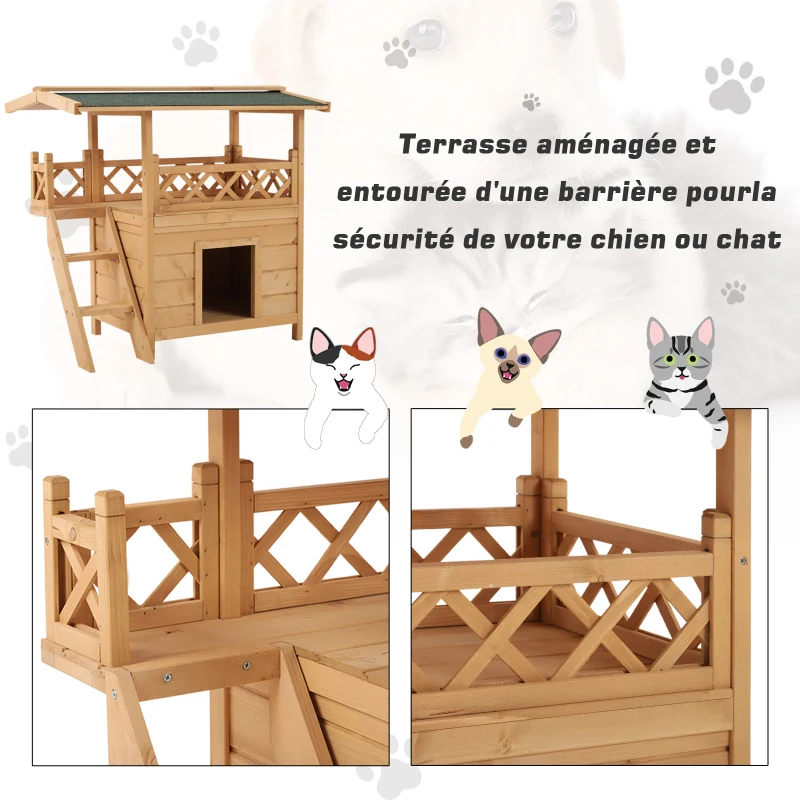 PawHut Maison lodge pour chats sauvage errants - niche villa avec terrasse, escalier, toit pour chien chat - 77 x 50 x 73 cm - naturel et vert