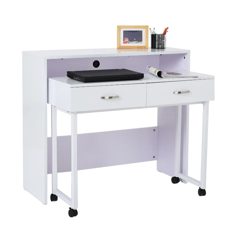 HOMCOM Bureau console 2 en 1 style contemporain sur roulettes multi-rangement blanc