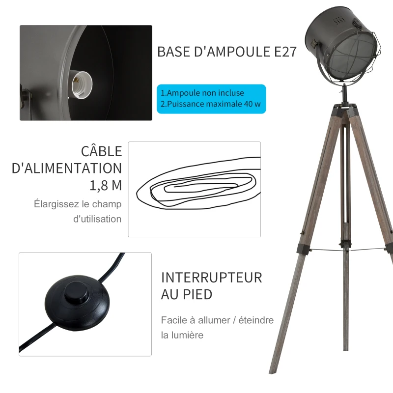 HOMCOM Lampadaire trépied projecteur Style Industriel néo-rétro Hauteur réglable 63l x 63P x 111-151H cm Bois gris métal noir