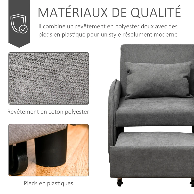 HOMCOM Fauteuil chauffeuse canapé-lit convertible 1 place dossier inclinable 3 positions coussin inclus polyester coton gris