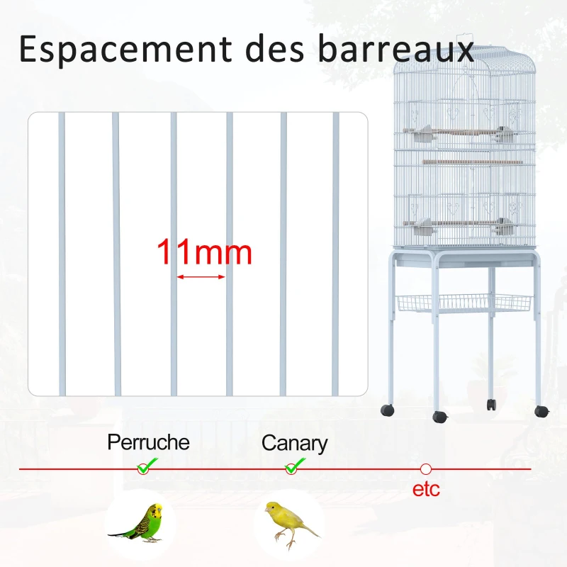 PawHut Cage à oiseaux sur pied volière oiseaux sur roulettes avec toit ouvrant 3 perchoirs étagère inférieure 46,5 x 36 x 157 cm