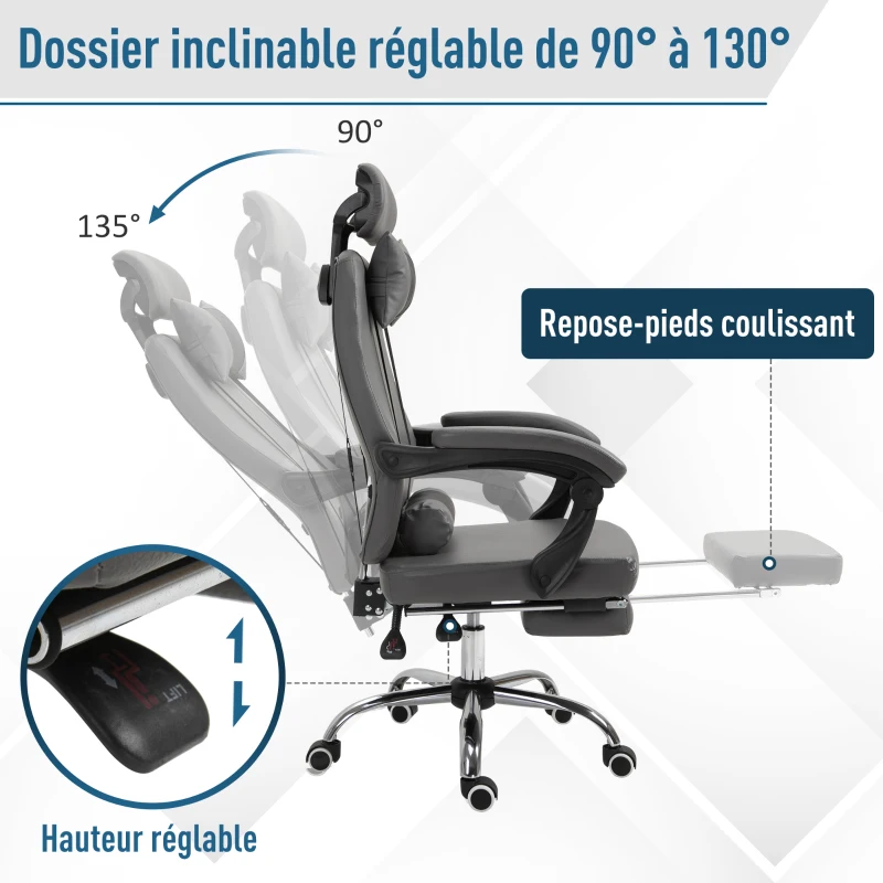 HOMCOM Fauteuil de bureau manager grand confort repose-pied tétière + coussin lombaires intégrés dossier inclinable revêtement revêtement synthétique gris foncé