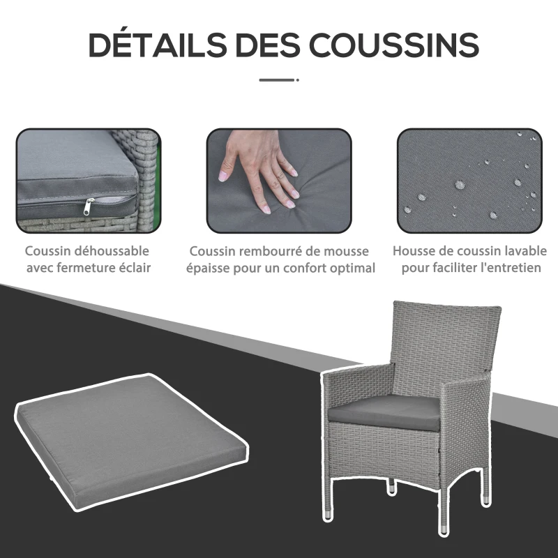 Outsunny Salon de jardin 4 places 4 pièces - canapé 2 places, 2 fauteuils, table à manger - 3 coussins inclus - résine tressée imitation rotin gris