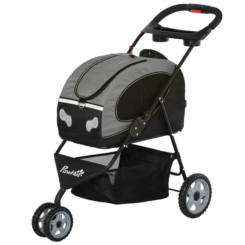 PawHut Poussette pliable chien chat chariot de voyage animaux de compagnie sac de transport à bandoulière à dos à main ou à roulettes 5 en 1 acier oxford gris noir