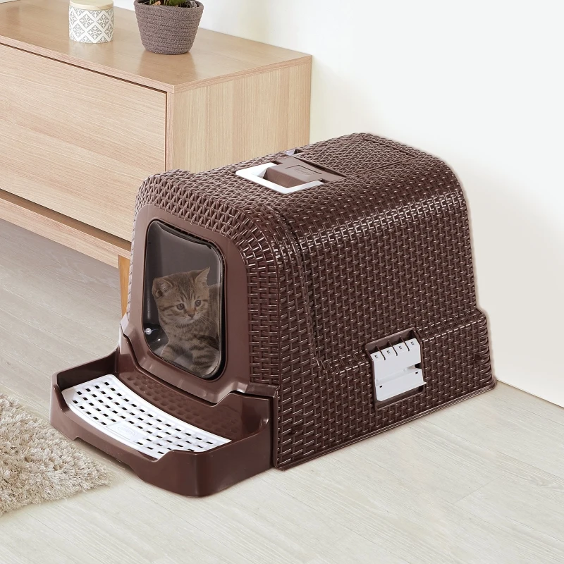 PawHut Maison de toilette pour chat tiroir à litière coulissant porte battante filtre odeur + pelle fournis 54L x 42l x 41H cm chocolat