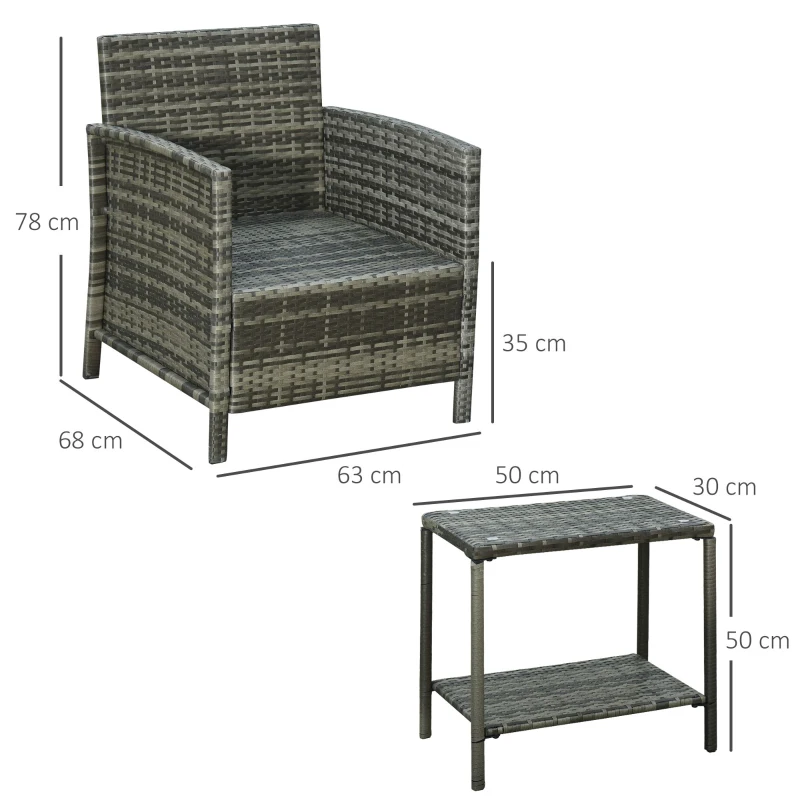 Outsunny Ensemble salon de jardin en résine tressée 3 pièces 2 fauteuils + table basse verre trempé coussins d'assise coussins lombaires déhoussables fournis acier 63 x 68 x 78 cm gris