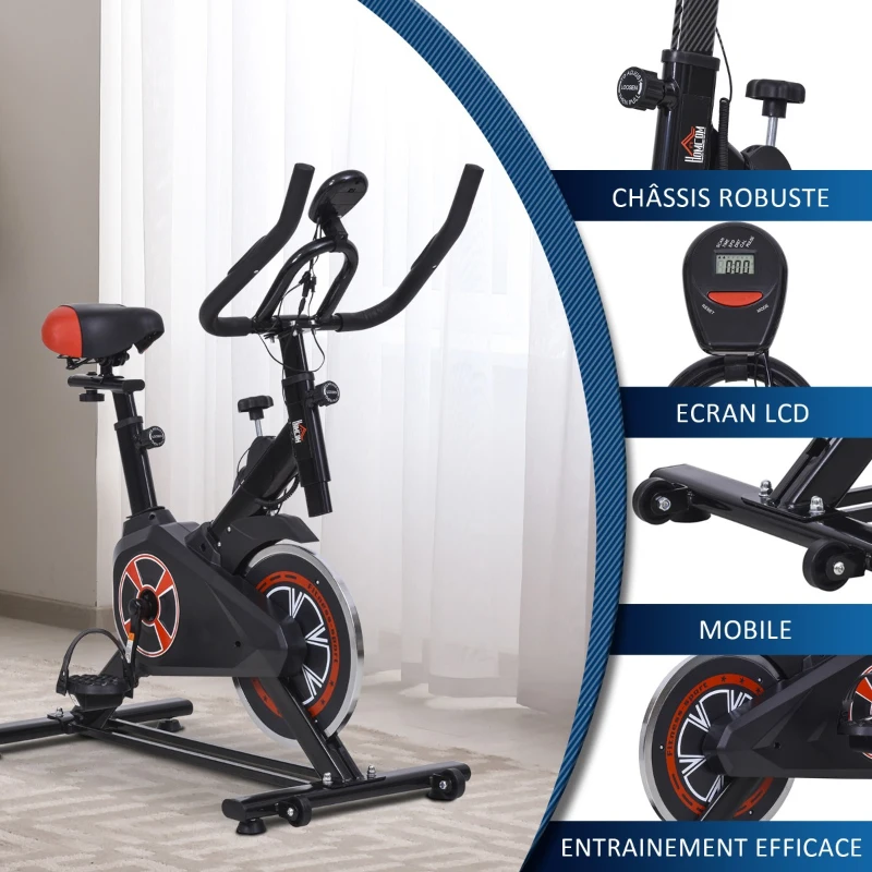 HOMCOM Vélo d'appartement cardio vélo biking écran LCD multifonction selle et guidon réglable volant inertie 5 Kg noir rouge