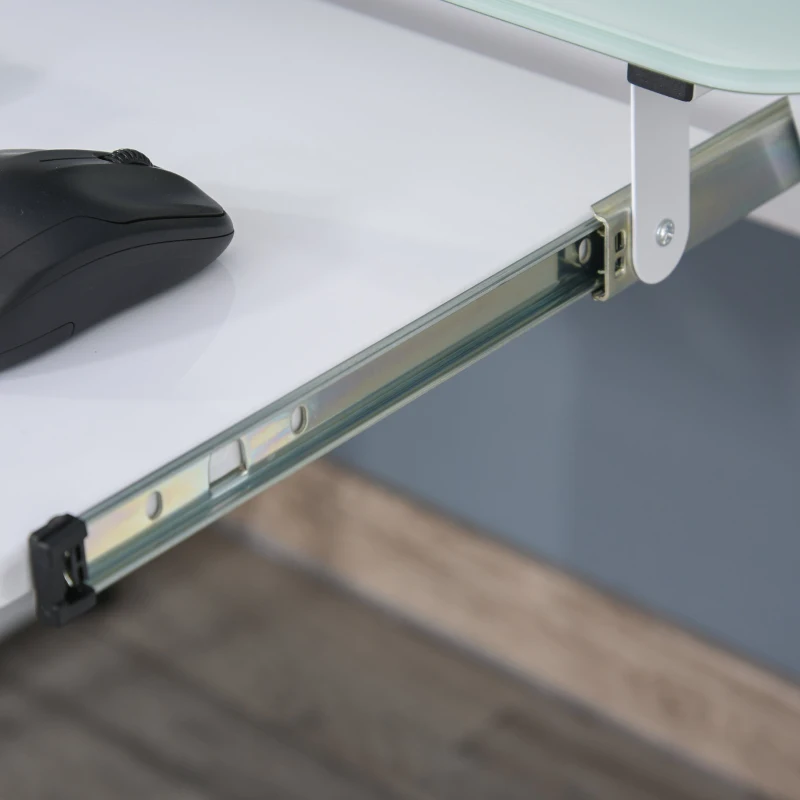 HOMCOM Bureau informatique design contemporain plateau + 3 étagères verre plateau clavier châssis métal blanc