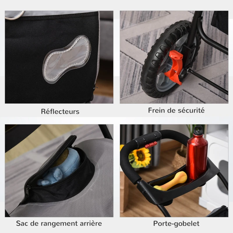 PawHut Poussette pliable chien chat chariot de voyage animaux de compagnie sac de transport à bandoulière à dos à main ou à roulettes 5 en 1 acier oxford gris noir
