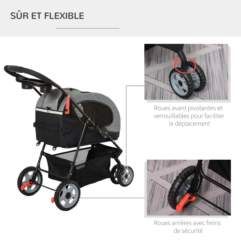 PawHut Poussette pliable chien chat chariot de voyage animaux de compagnie sac de transport à bandoulière à dos à main ou à roulettes 5 en 1 acier oxford gris noir