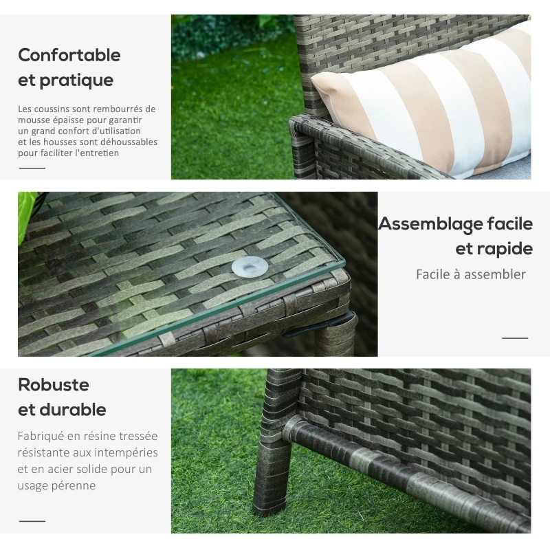 Outsunny Ensemble salon de jardin en résine tressée 3 pièces 2 fauteuils + table basse verre trempé coussins d'assise coussins lombaires déhoussables fournis acier 63 x 68 x 78 cm gris