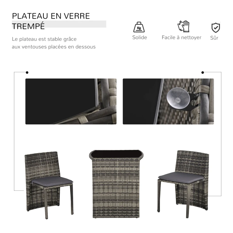 Outsunny Ensemble salon de jardin encastrable 3 pièces plateau table verre trempé + lot de 2 chaises coussins résine tressée grise