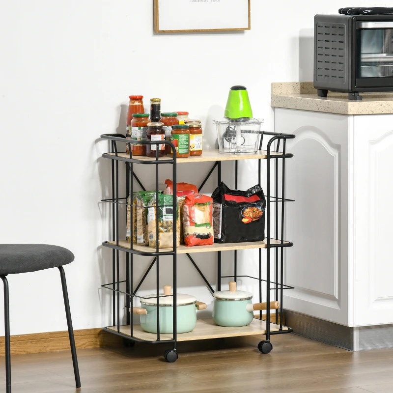 HOMCOM Desserte à roulettes avec Plateau en Bois, Chariot de Rangement à 3 Niveaux pour cuisine, salle bain, bureau