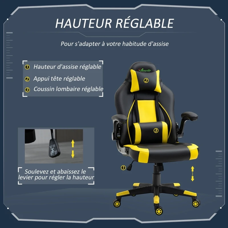 Vinsetto Fauteuil gamer chaise gaming style baquet racing fauteuil pivotant 360° basculant accoudoirs rembourrés relevables coussin lombaire tétière amovibles inclus revêtement synthétique noir jaune