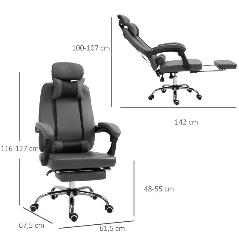 HOMCOM Fauteuil de bureau manager grand confort repose-pied tétière + coussin lombaires intégrés dossier inclinable revêtement revêtement synthétique gris foncé