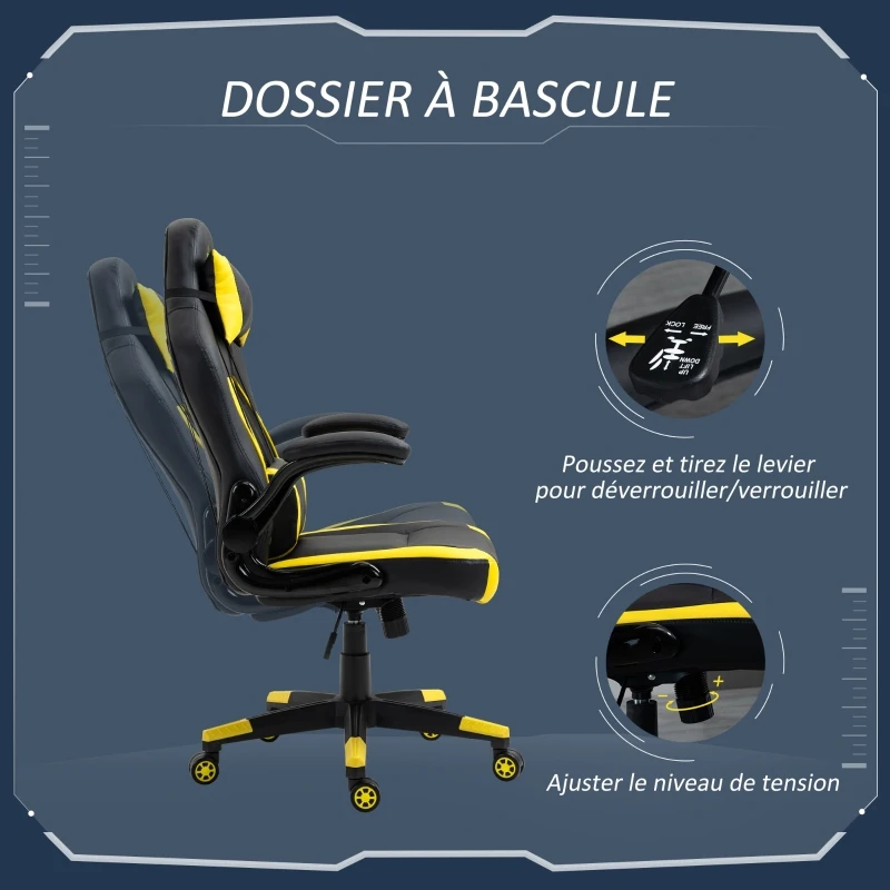 Vinsetto Fauteuil gamer chaise gaming style baquet racing fauteuil pivotant 360° basculant accoudoirs rembourrés relevables coussin lombaire tétière amovibles inclus revêtement synthétique noir jaune