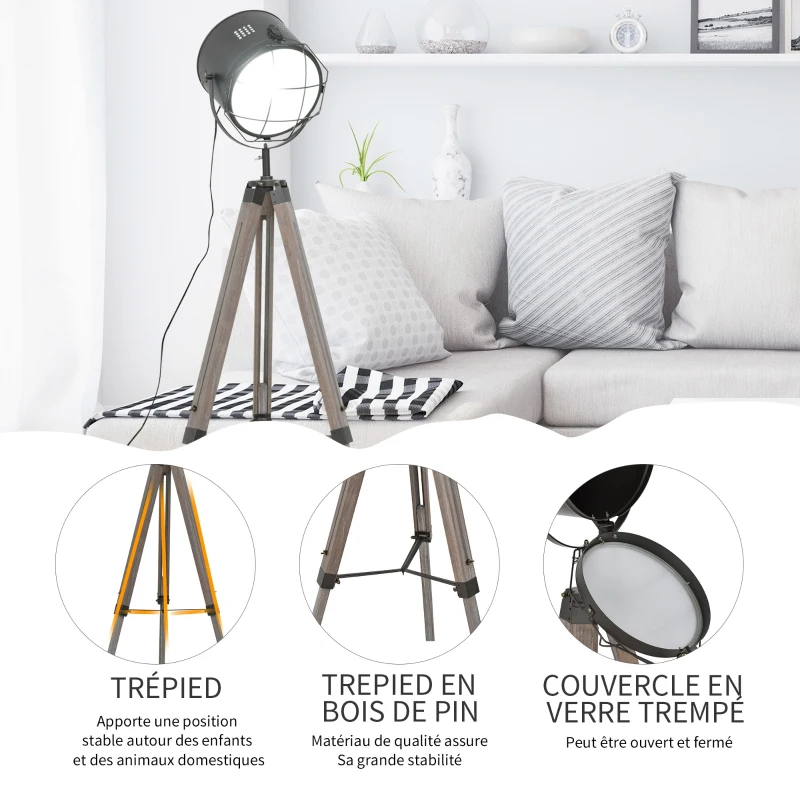 HOMCOM Lampadaire trépied projecteur Style Industriel néo-rétro Hauteur réglable 63l x 63P x 111-151H cm Bois gris métal noir