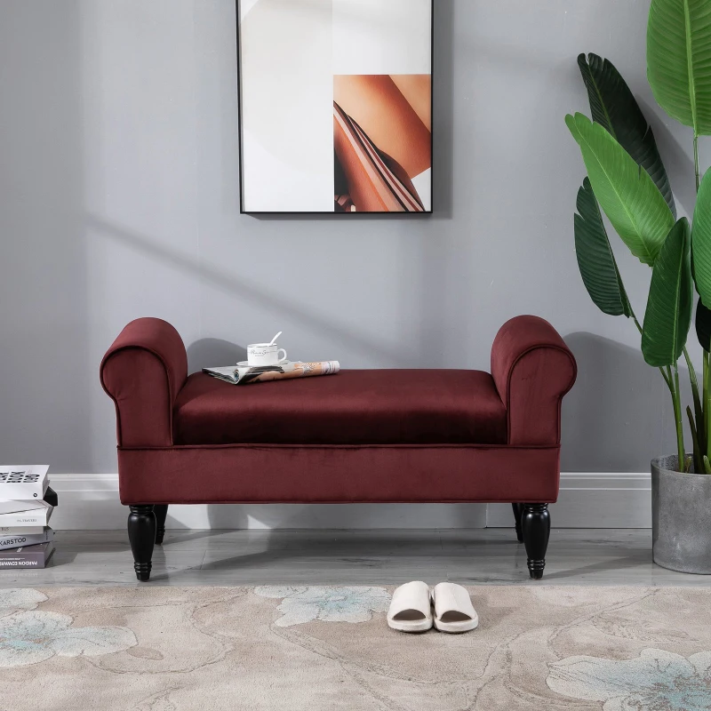 HOMCOM Banc banquette style baroque accoudoirs courbés pieds effilés dim. 110L x 43l x 58H cm polyester velours bordeaux
