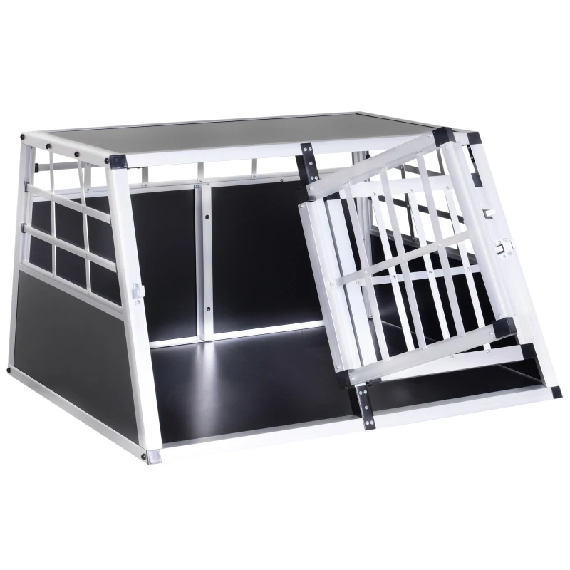 PawHut Cage de transport pour chien animaux aluminium XL caisse boîte box de transport voiture double porte verrouillable forme trapeze 89,5 x 68,5 x 50 cm argent noir
