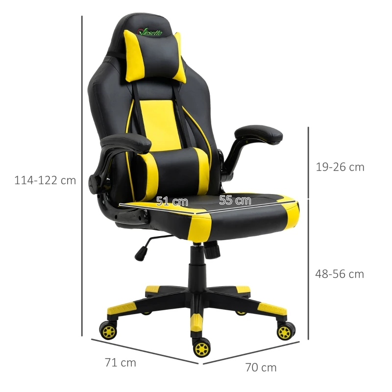 Vinsetto Fauteuil gamer chaise gaming style baquet racing fauteuil pivotant 360° basculant accoudoirs rembourrés relevables coussin lombaire tétière amovibles inclus revêtement synthétique noir jaune