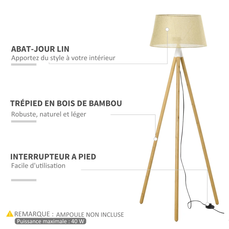 HOMCOM Lampadaire sur pied lampe à pied avec trépied en bois de bambou interrupteur au pied abat-jour en lin pour chambre salon et salle d'étude 67 x 67 x 154 cm marron clair
