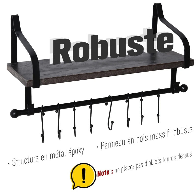 HOMCOM Étagère murale flottante en bois de sapin et métal - étagère de cuisine à ustensiles - 8 crochets amovibles - gris noir