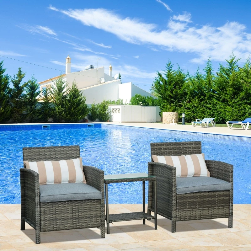 Outsunny Ensemble salon de jardin en résine tressée 3 pièces 2 fauteuils + table basse verre trempé coussins d'assise coussins lombaires déhoussables fournis acier 63 x 68 x 78 cm gris