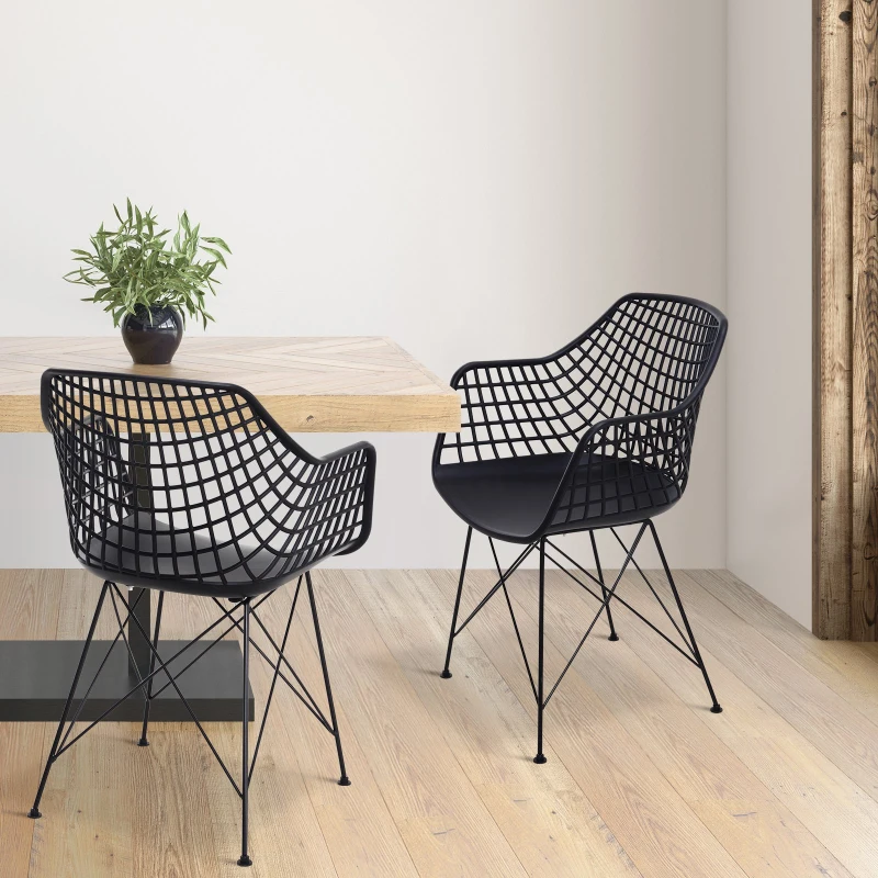 HOMCOM Lot de 2 chaises de salle à manger, chaise de cuisine, style néo-rétro, accoudoirs dossier ergonomiques, cadre PP, 4 pieds croisés métal, 57,5 x 53,5 x 86 cm, noir