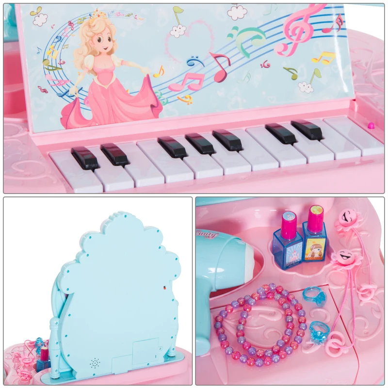 HOMCOM Coiffeuse enfant piano 2 en 1 multi-equipement : miroir, tiroir, cadres photos, lumière, musique, séchoir 44L x 32l x 73H cm plastique PP bleu rose