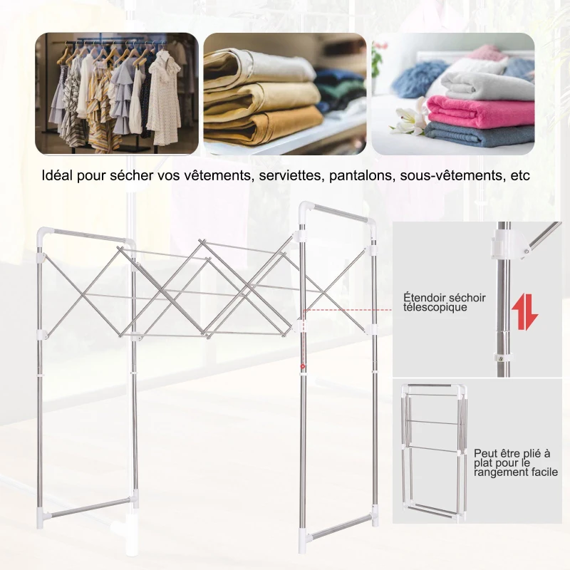 HOMCOM Etendoir séchoir portant à vêtements multi-rangements pliable extensible dim. 16,5-110L x 76l x 133H cm acier ABS